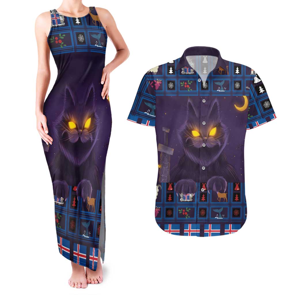 Iceland Christmas Couples Matching Tank Maxi Dress and Hawaiian Shirt Yule Cat Christmas Lightning Art - Wonder Print Shop