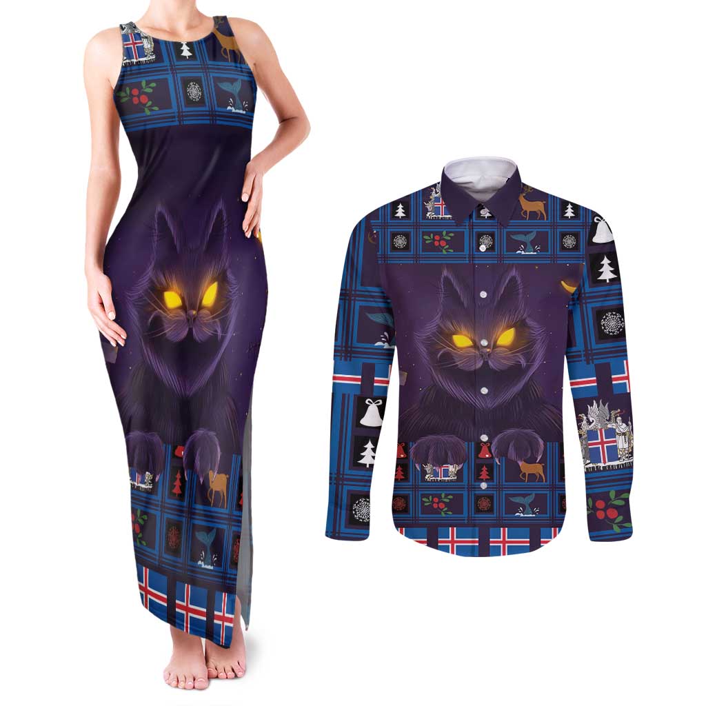 Iceland Christmas Couples Matching Tank Maxi Dress and Long Sleeve Button Shirt Yule Cat Christmas Lightning Art - Wonder Print Shop