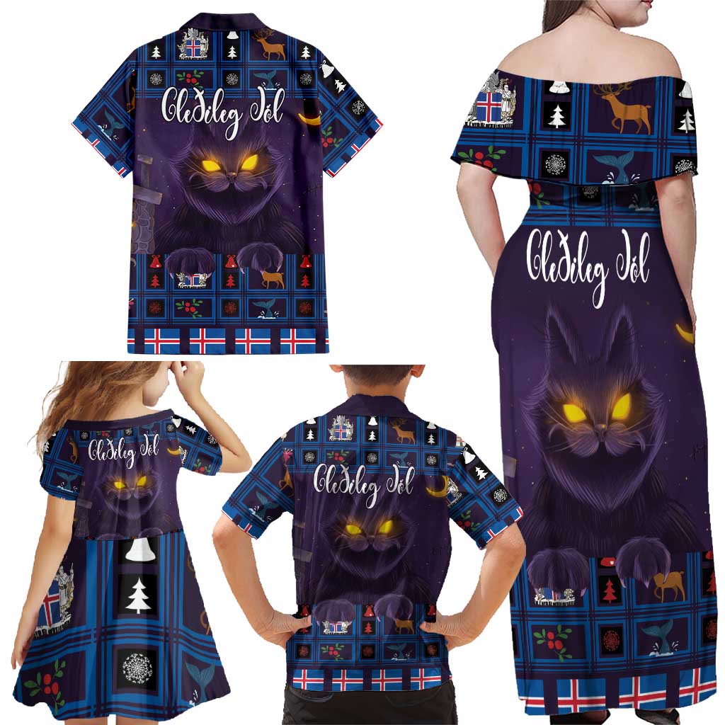 Iceland Christmas Family Matching Off Shoulder Maxi Dress and Hawaiian Shirt Yule Cat Christmas Lightning Art - Wonder Print Shop