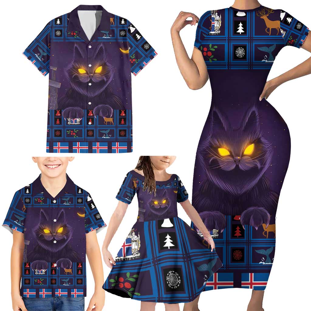 Iceland Christmas Family Matching Short Sleeve Bodycon Dress and Hawaiian Shirt Yule Cat Christmas Lightning Art - Wonder Print Shop