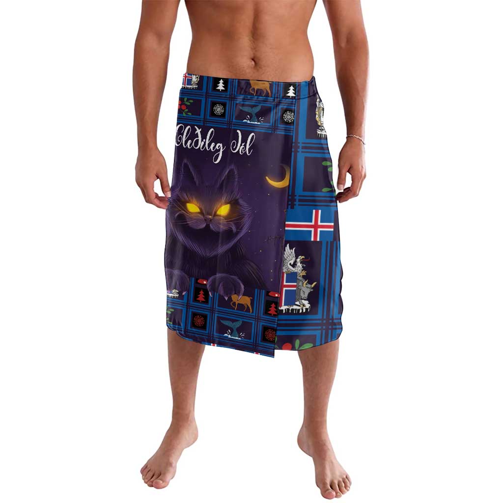 Purple and blue sarong-style skirt with glowing cat eyes and holiday grid motifs