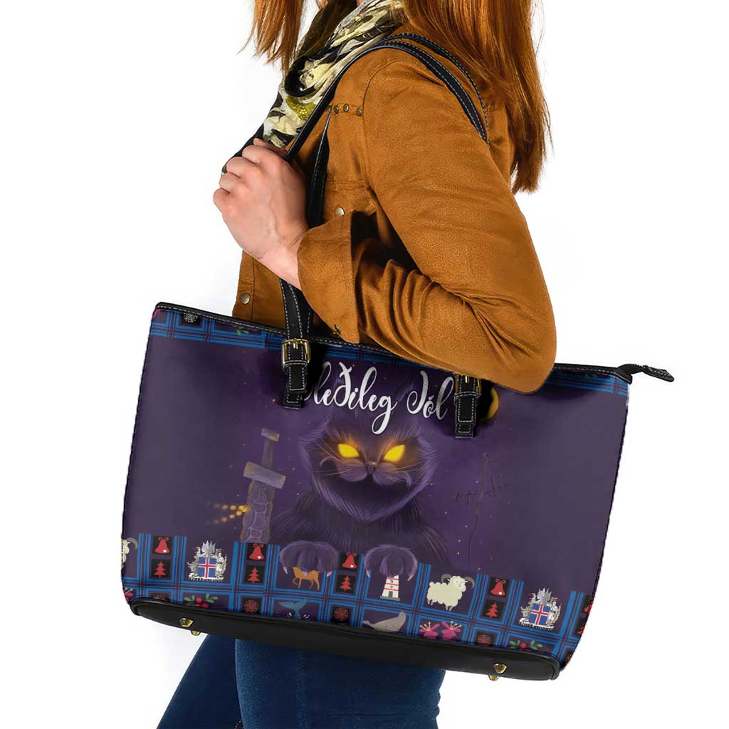 Iceland Christmas Leather Tote Bag Yule Cat Christmas Lightning Art - Wonder Print Shop