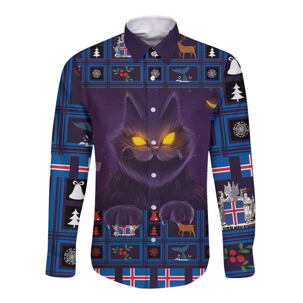 Unisex long sleeve button shirt in purple with glowing cat face and festive plaid print