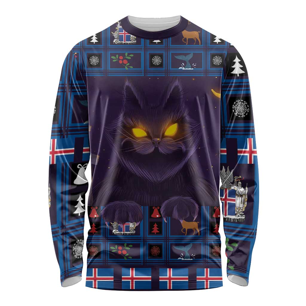 Unisex long sleeve shirt, purple cat face holiday graphic with blue plaid and flags