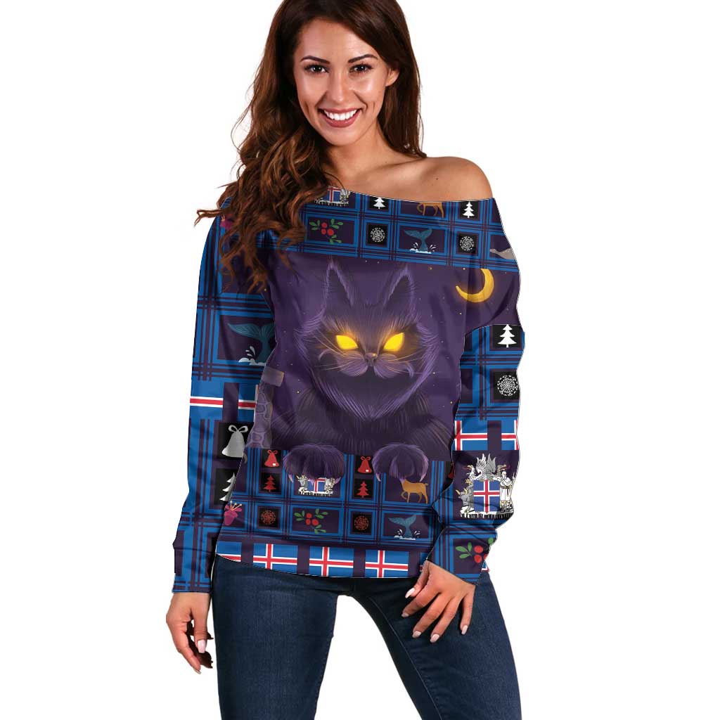 Purple off-shoulder sweater with yule cat face and winter light-up graphic print