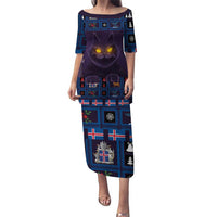 Women's long dress with short sleeves, purple cat face graphic on blue plaid