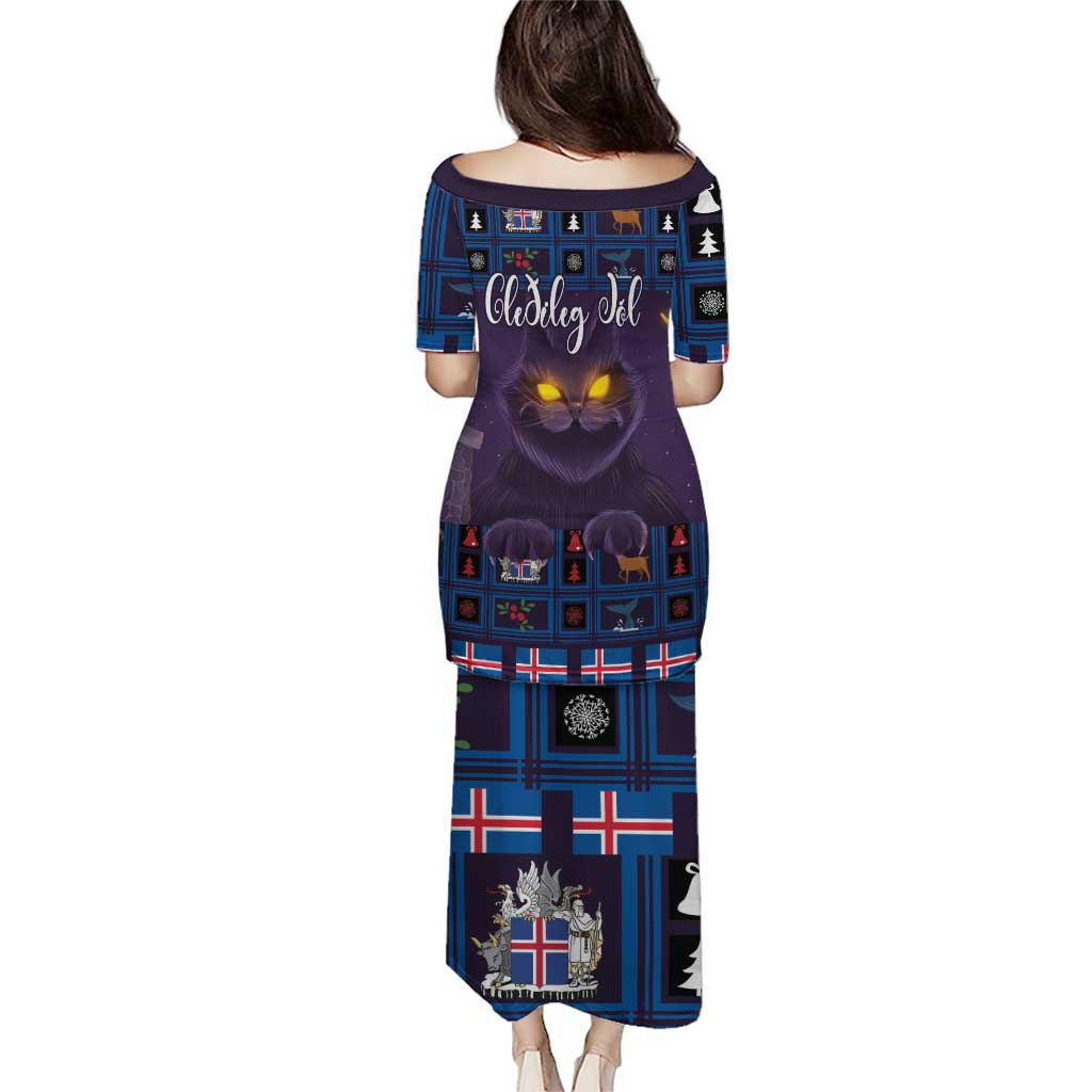 Women's long dress, back view, short sleeves, purple cat graphic with festive panel print