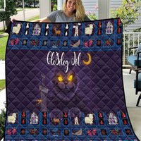 Purple quilt blanket with blue Christmas cat panel, moon and candlelight glow