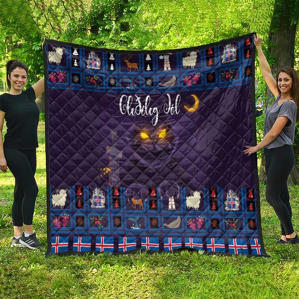 Purple quilt blanket draped outdoors, blue Christmas cat grid with moon glow