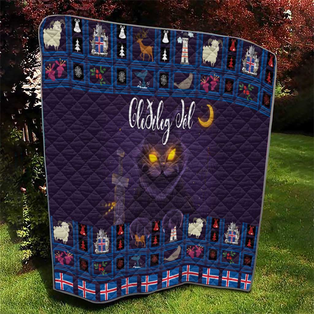 Purple quilt blanket outdoors with blue grid and cat face, moon graphic