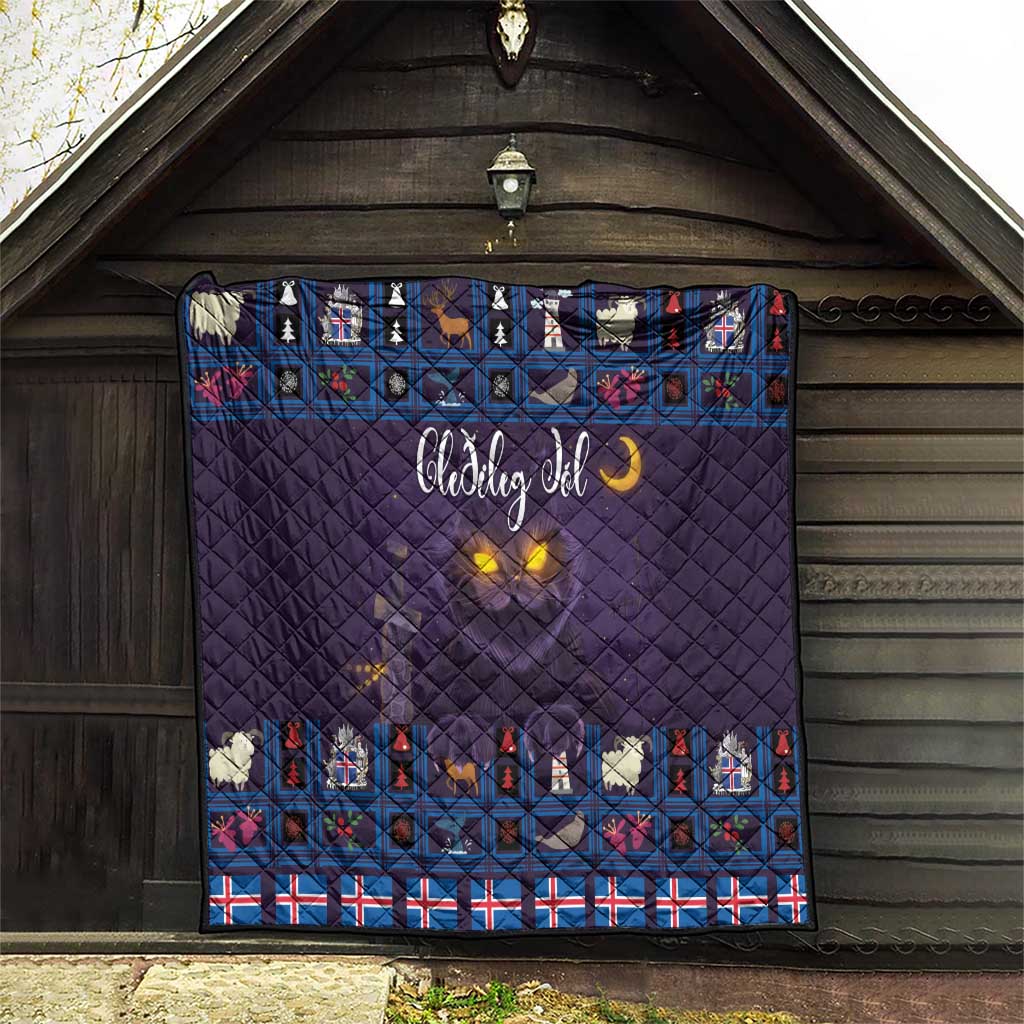 Purple quilt blanket hanging in barn, blue Christmas cat grid and moon glow
