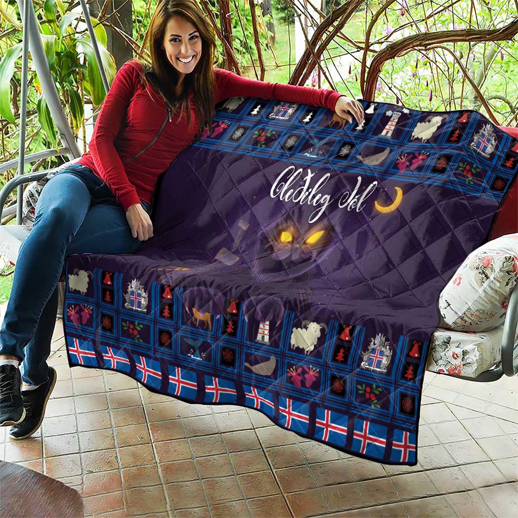 Purple quilt blanket held outdoors, blue Christmas cat squares with moon glow