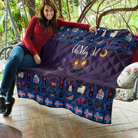 Purple quilt blanket held outdoors, blue Christmas cat squares with moon glow