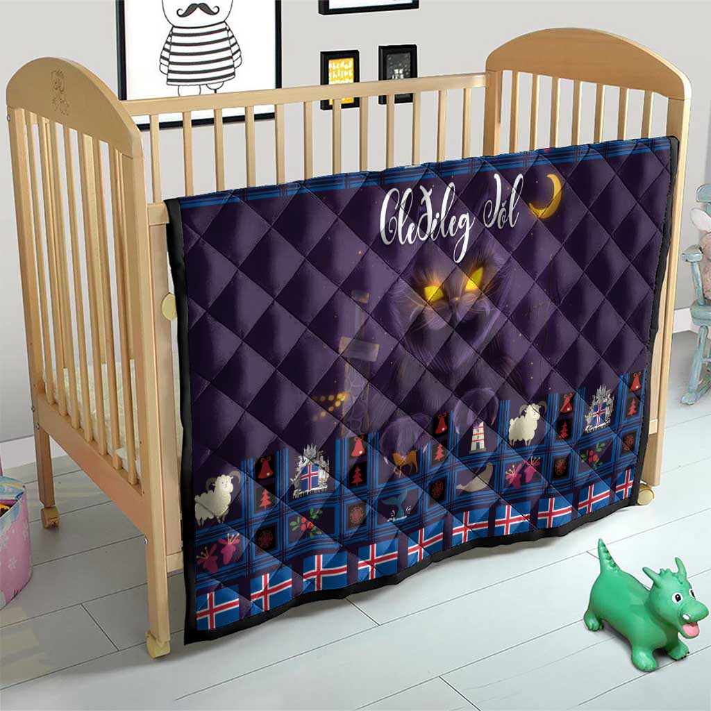 Purple quilt blanket on toddler bed with blue Christmas cat panel and moon glow