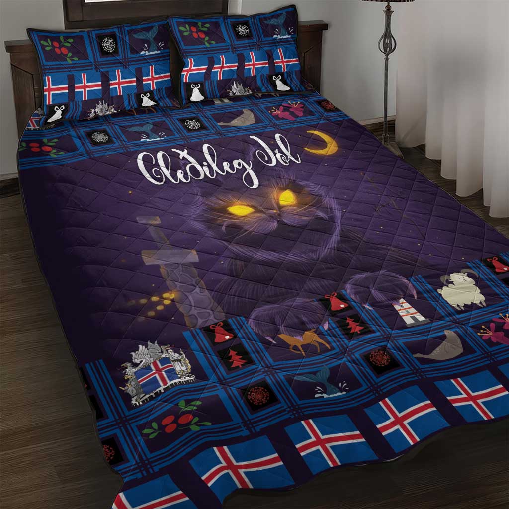 Purple quilt bed set with blue tartan squares and cat holiday graphics, with two pillow shams