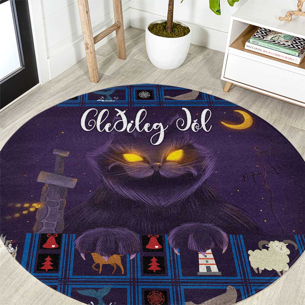 Round purple Christmas rug with Yule Cat design and moon motif