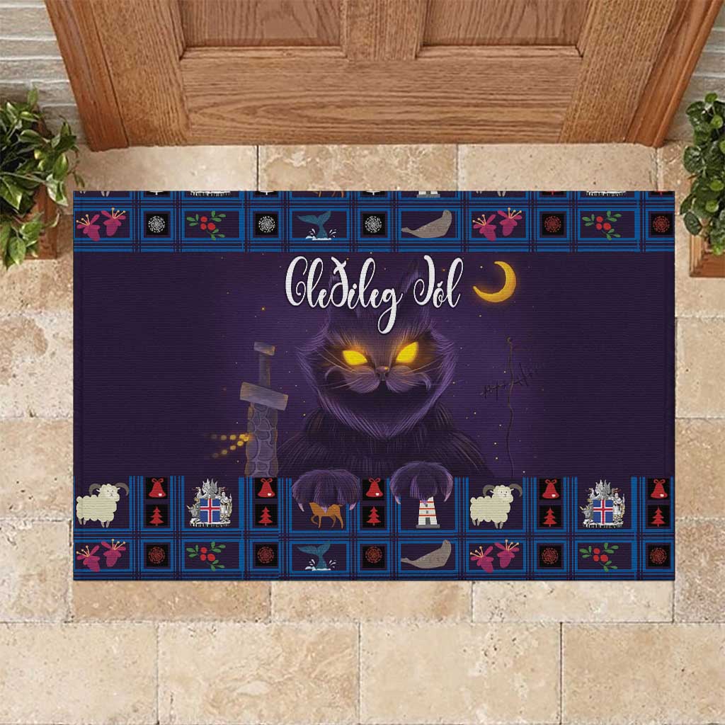 Purple rubber doormat featuring glowing yule cat, blue geometric border, and moon text