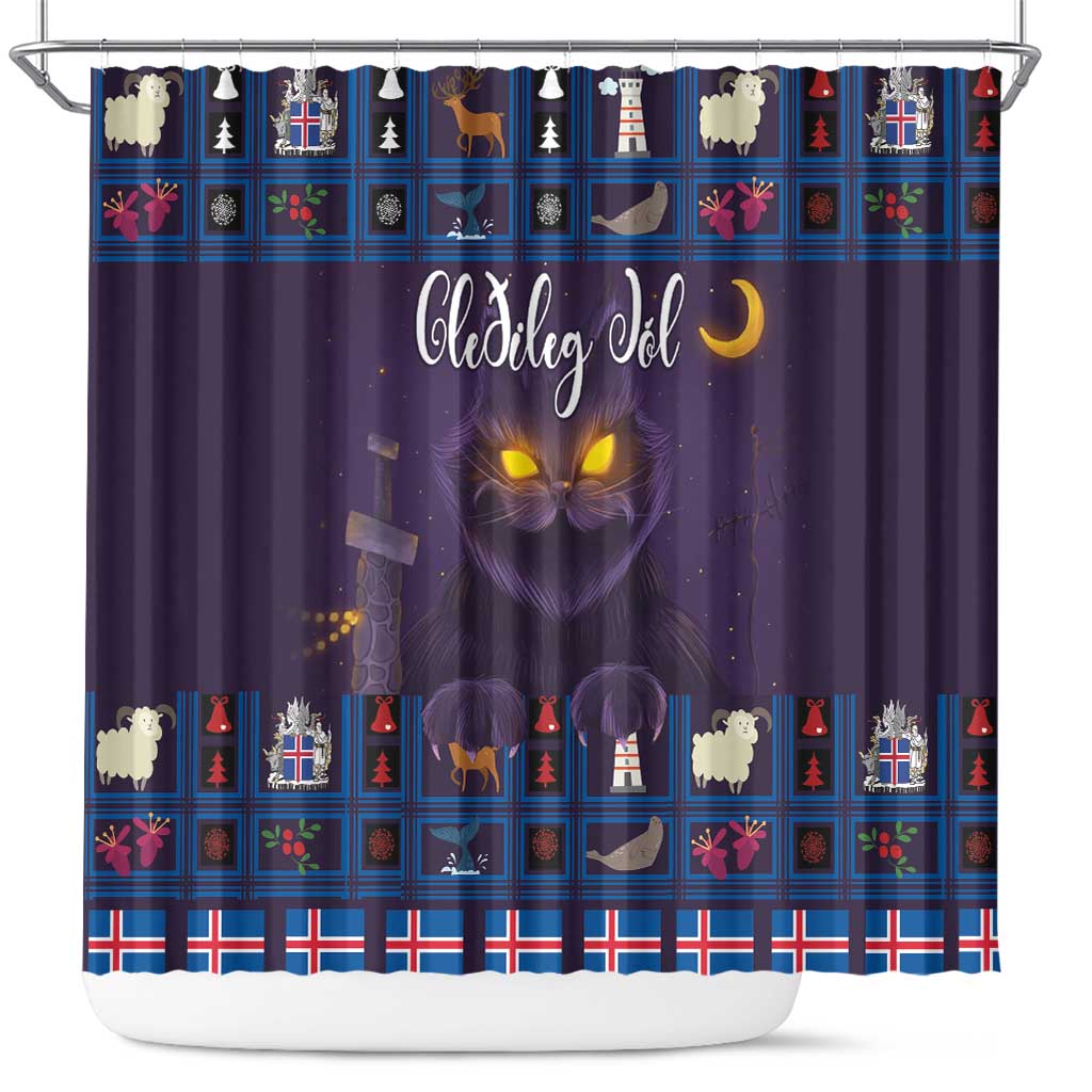 Purple Christmas shower curtain with glowing yule cat eyes, crescent moon, and holiday grid