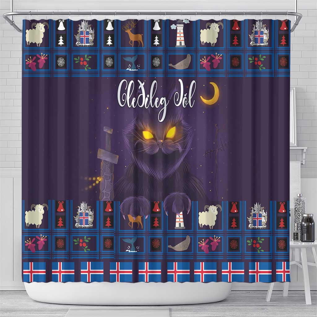 Purple Christmas shower curtain with yule cat face, crescent moon, and holiday icons