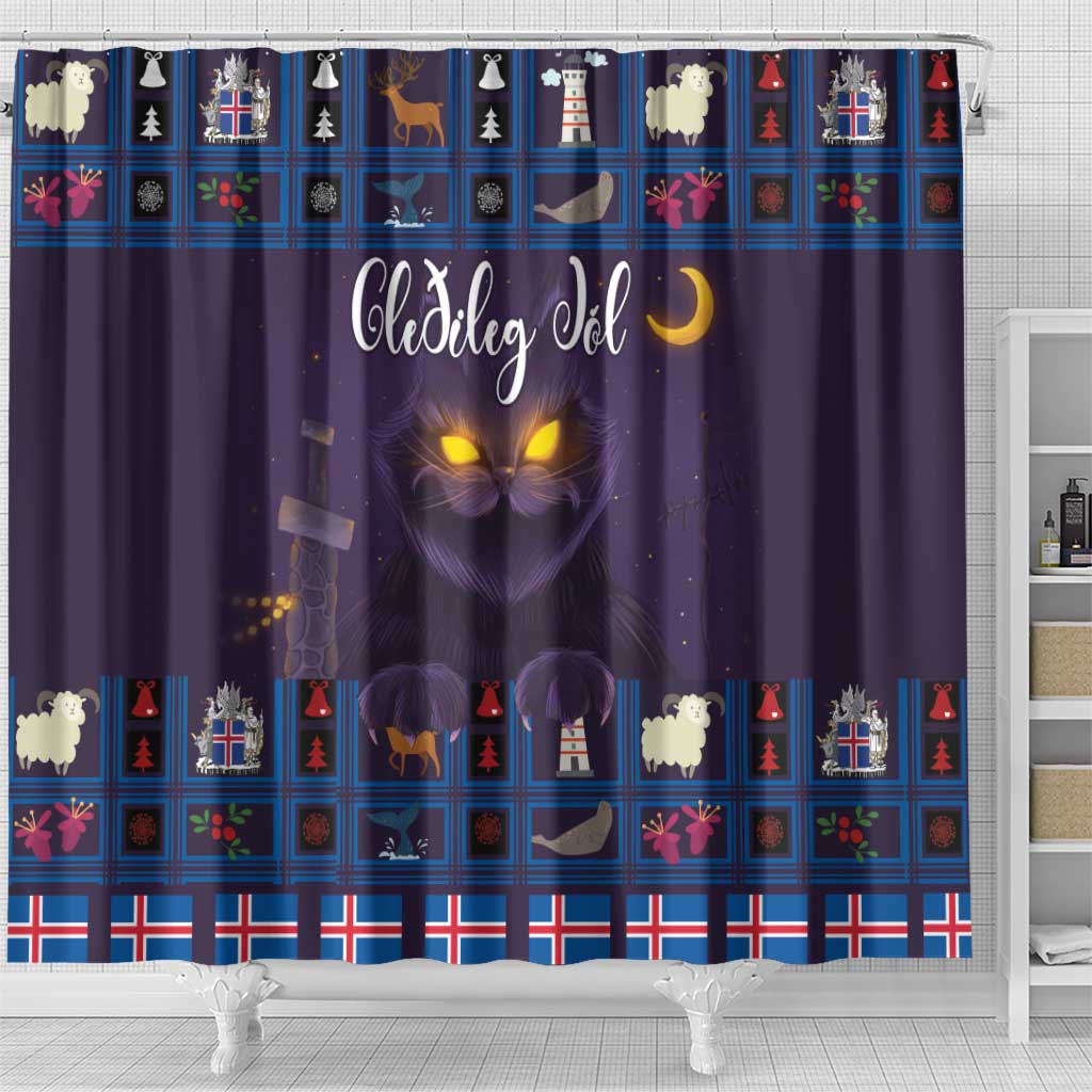 Purple Christmas shower curtain with yule cat face, festive icons grid, and checkered stripe