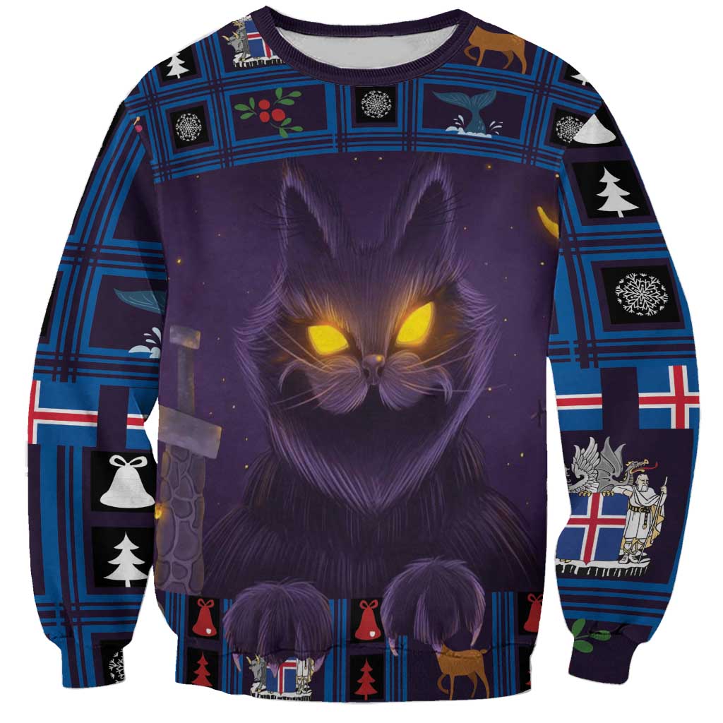 Purple unisex Christmas sweatshirt with glowing cat face graphic and Nordic patterns