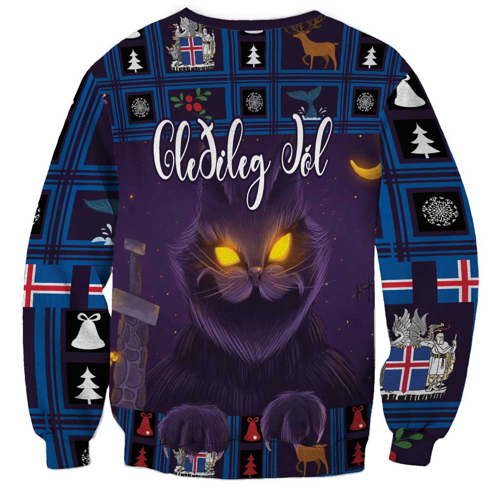 Purple Christmas sweatshirt with Yule Cat graphic and Icelandic plaid pattern