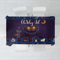 Christmas tablecloth with purple cat illustration and blue plaid border