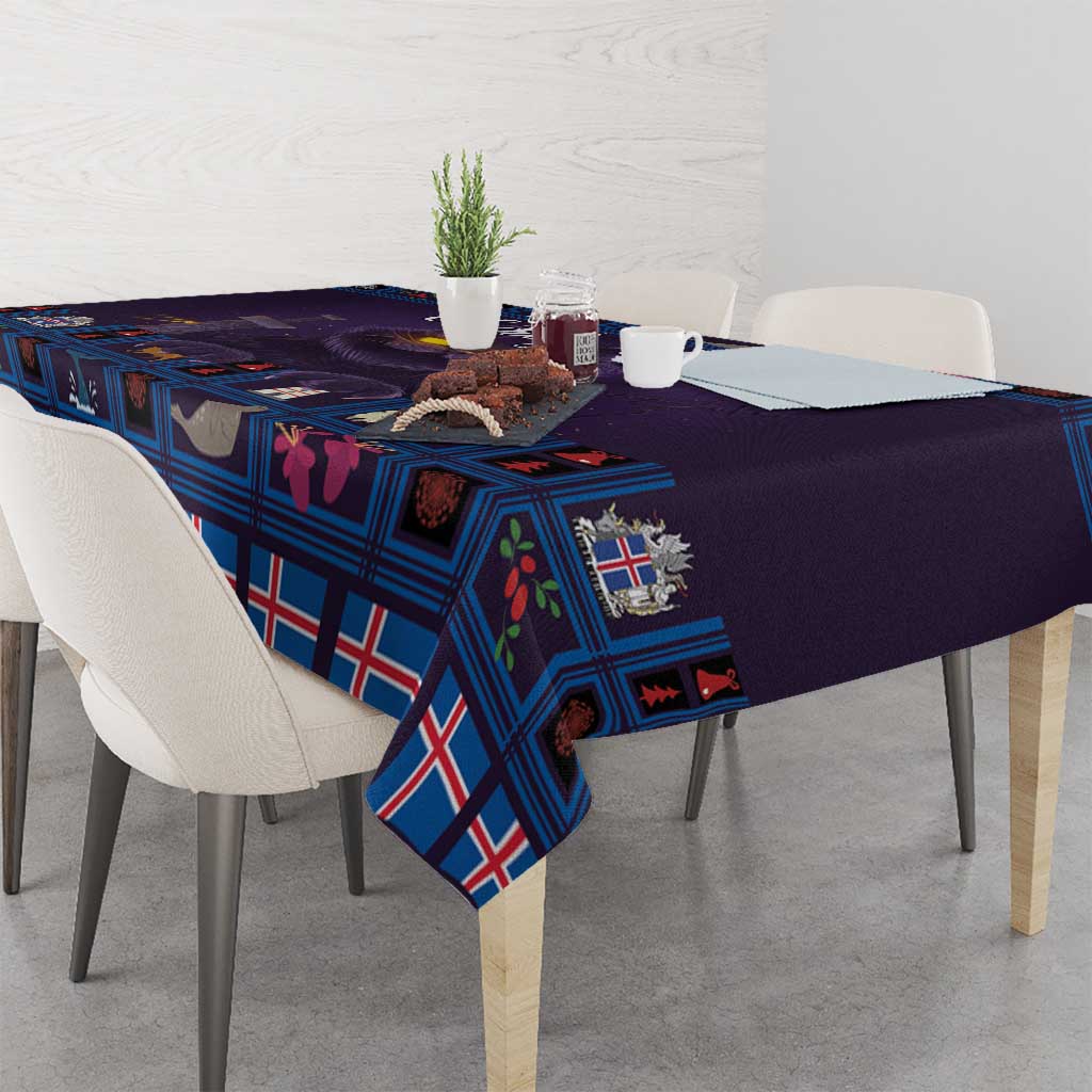 Christmas tablecloth draped on table with purple background and blue plaid design