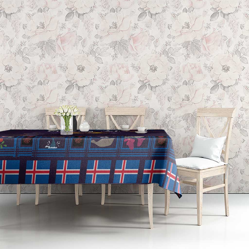 Christmas tablecloth in purple and blue with plaid border and festive cat theme