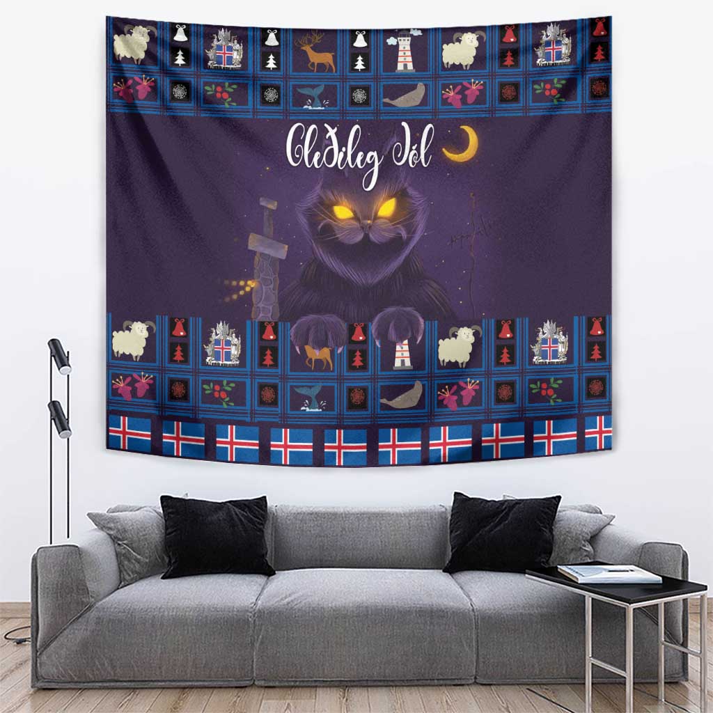 Purple Christmas tapestry with glowing cat face and festive icons border, wall hanging.
