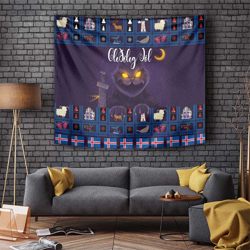Purple Yule-style tapestry with glowing cat face, moon motif, and holiday icon border.
