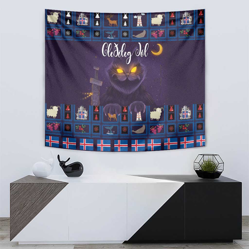 Purple Christmas tapestry with glowing cat eyes and grid of festive holiday symbols.