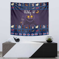 Purple Christmas tapestry with glowing cat eyes and grid of festive holiday symbols.