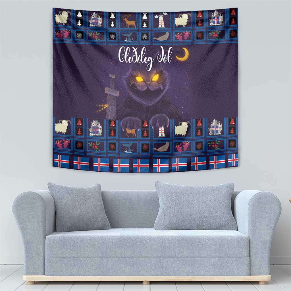 Purple decorative Christmas tapestry with glowing cat face and colorful holiday icon border.