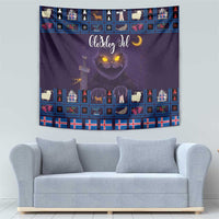 Purple decorative Christmas tapestry with glowing cat face and colorful holiday icon border.