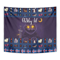 Purple cat-themed Christmas tapestry with glowing eyes and holiday icons in a blue border.