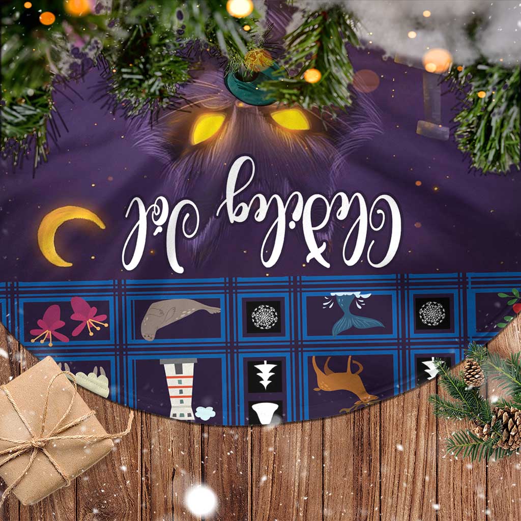 Purple round Christmas tree skirt panel with cat and gold lettering, blue plaid design