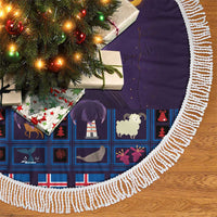 Purple Christmas tree skirt with white fringed border and blue plaid cat design