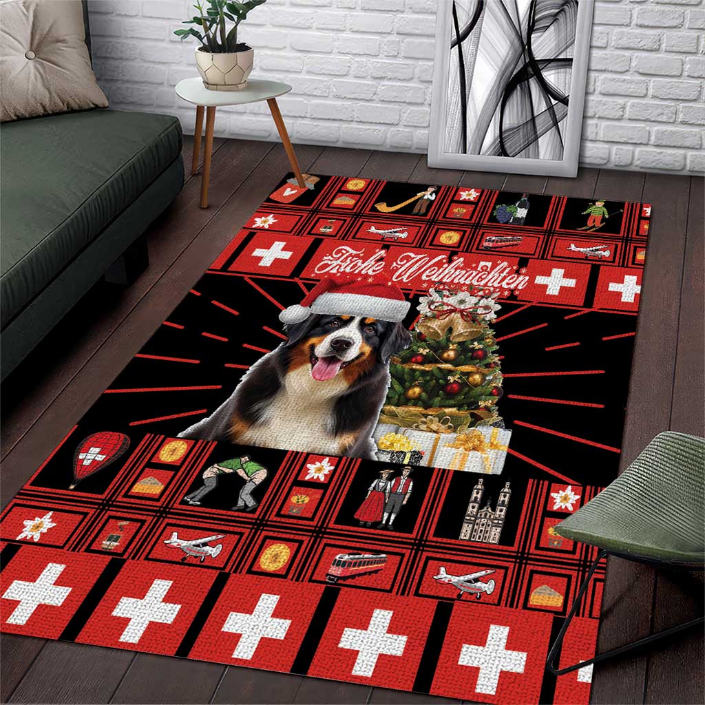 Red holiday area rug with Bernese mountain dog, Swiss crosses, and Christmas tree graphic