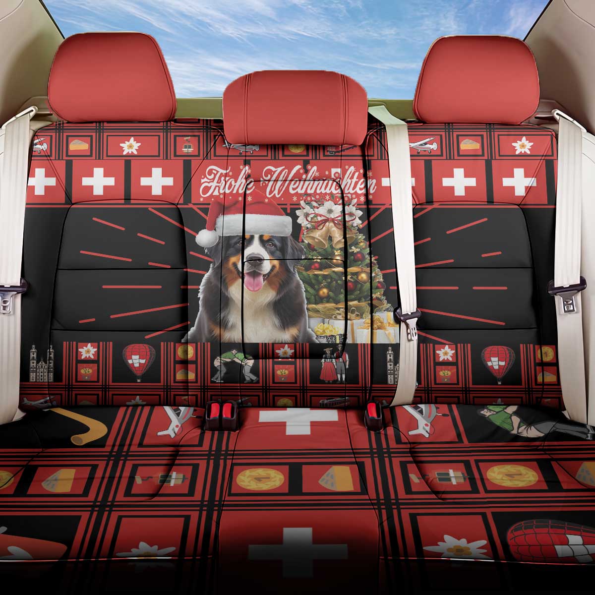 Merry Christmas Bernese Mountain Dog Back Car Seat Cover Switzerland Symbols - Lightning Art - Wonder Print Shop