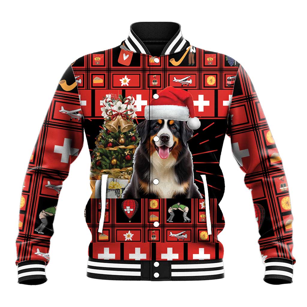 Red plaid baseball jacket with striped collar, graphic Bernese dog in Santa hat