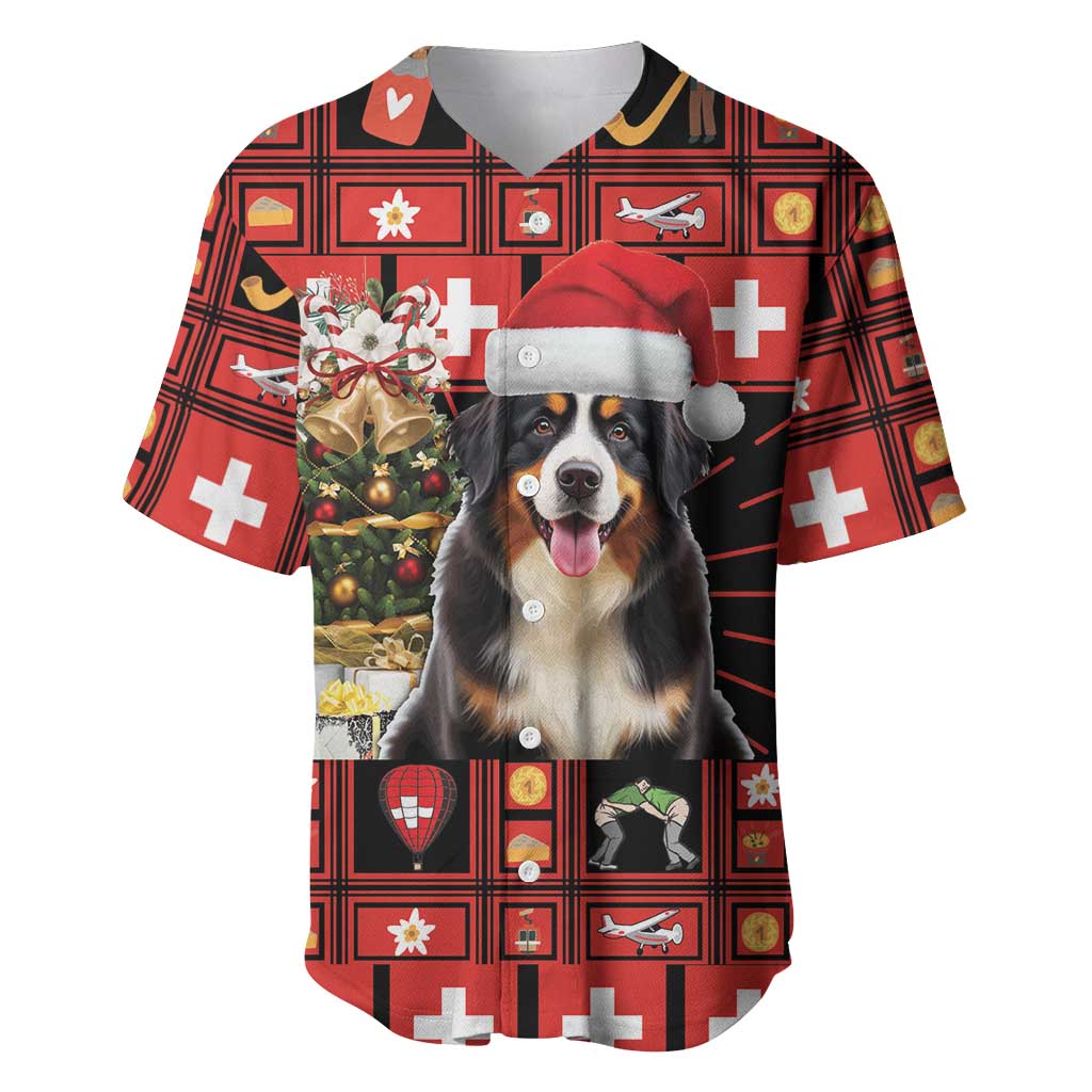 Red baseball jersey with Bernese mountain dog graphic and Swiss cross icons