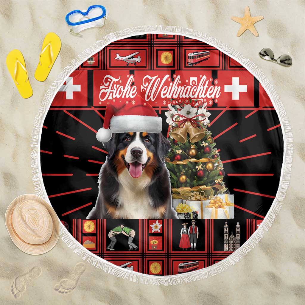 Round fringed beach blanket with Bernese mountain dog in Santa hat on red Swiss Christmas design