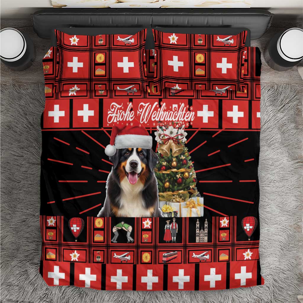 Red and black Christmas dog bedding set with Bernese Mountain Dog and Swiss cross pattern