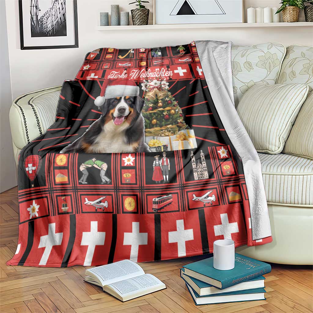 Red plaid Christmas blanket with Bernese mountain dog, Swiss cross symbols, and tree