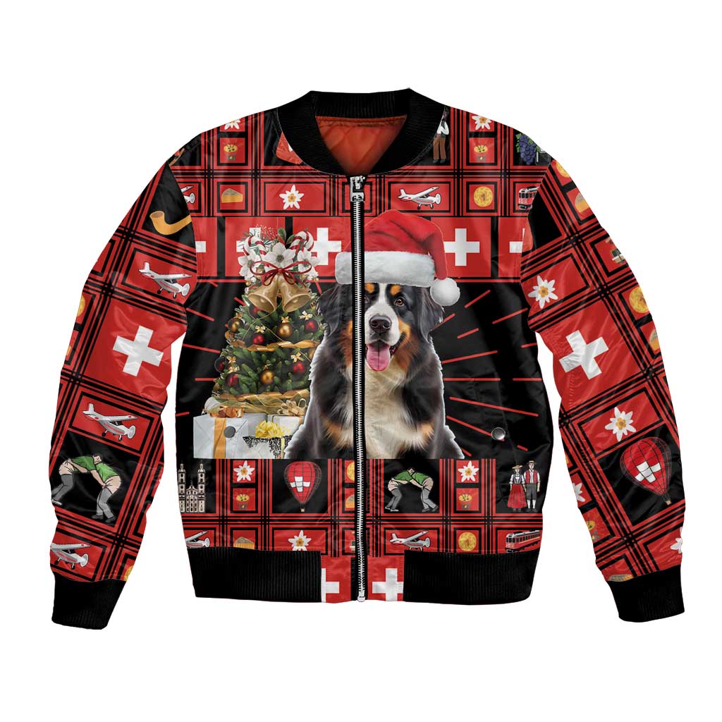 Red and black bomber jacket with Bernese mountain dog, Swiss Christmas symbols, front zip