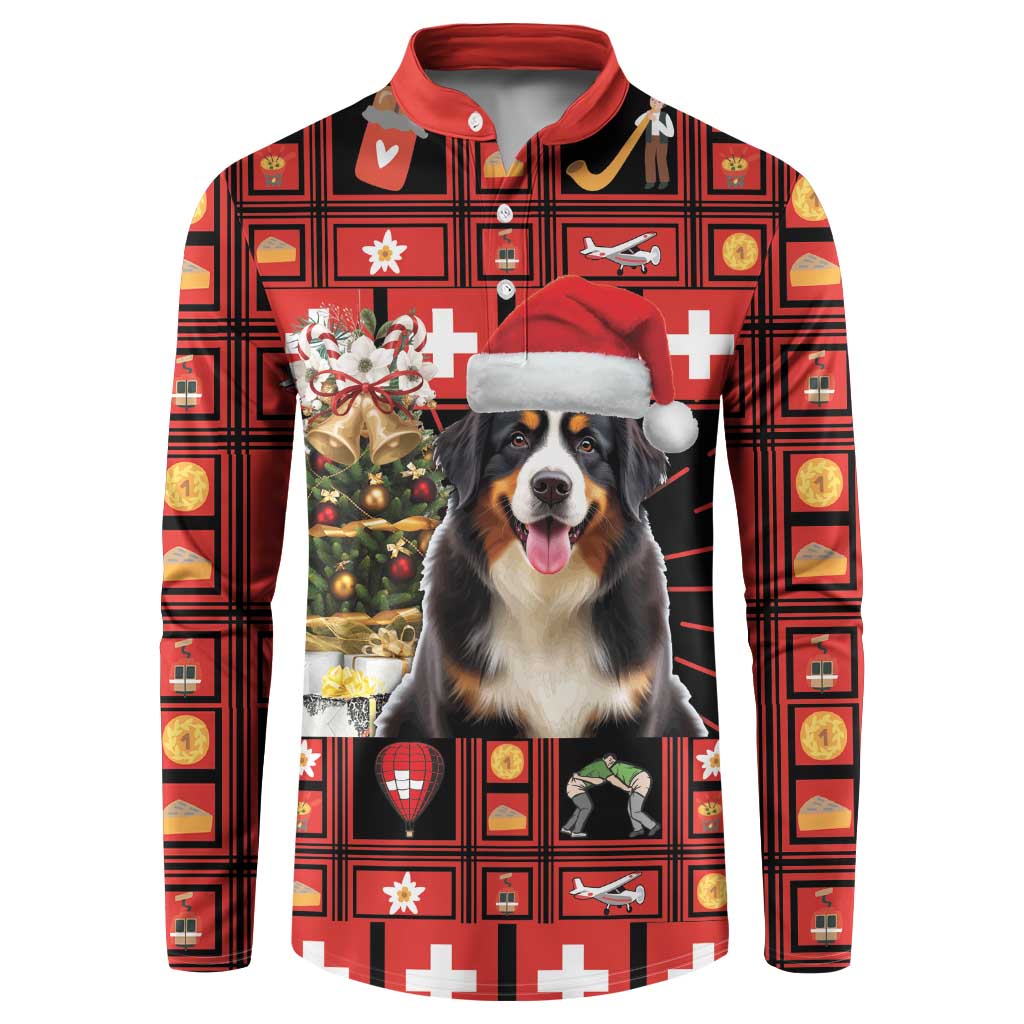 Red button-front sweatshirt with Bernese mountain dog graphic and Swiss symbols