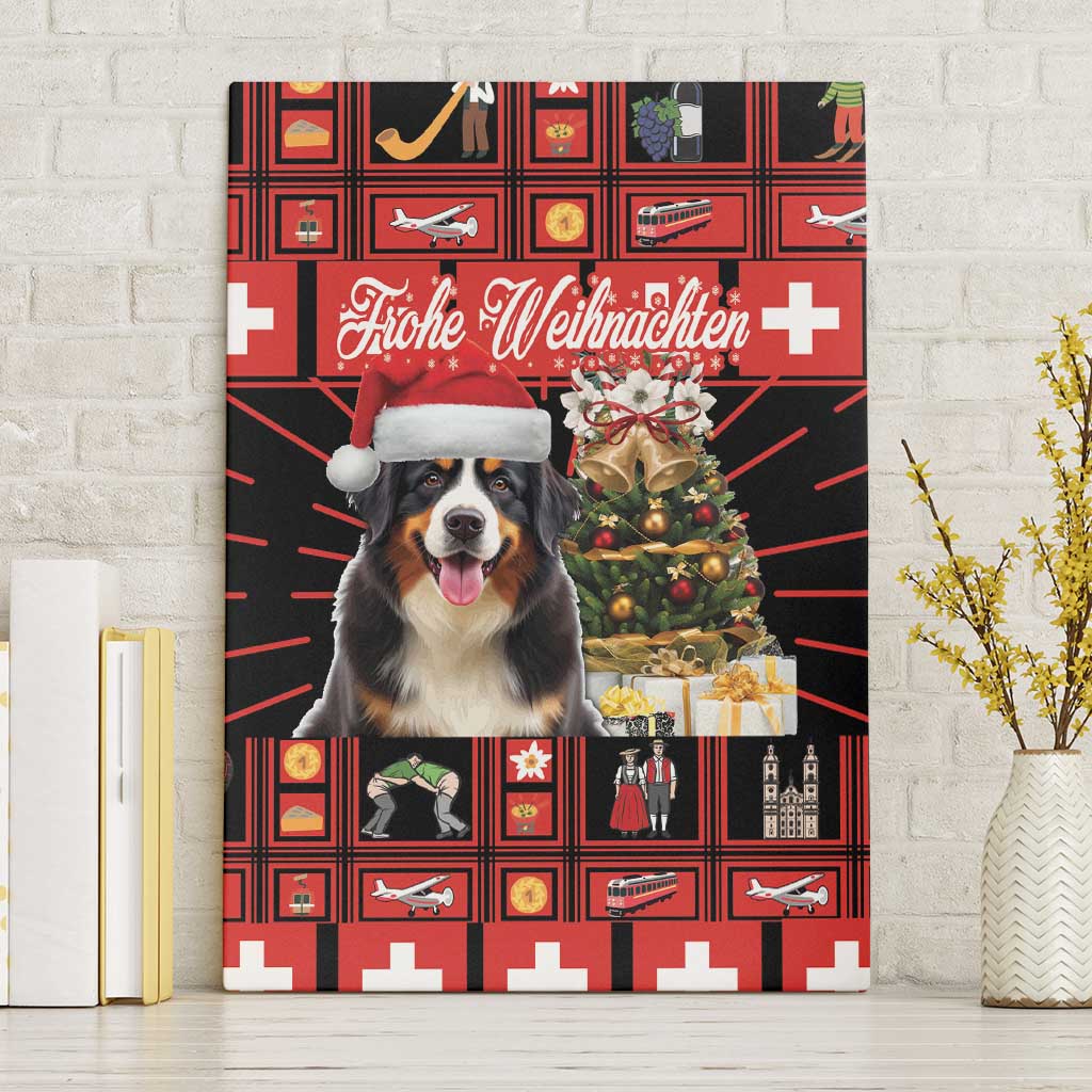 Bernese mountain dog Christmas canvas wall art with red Swiss symbols and tree scene