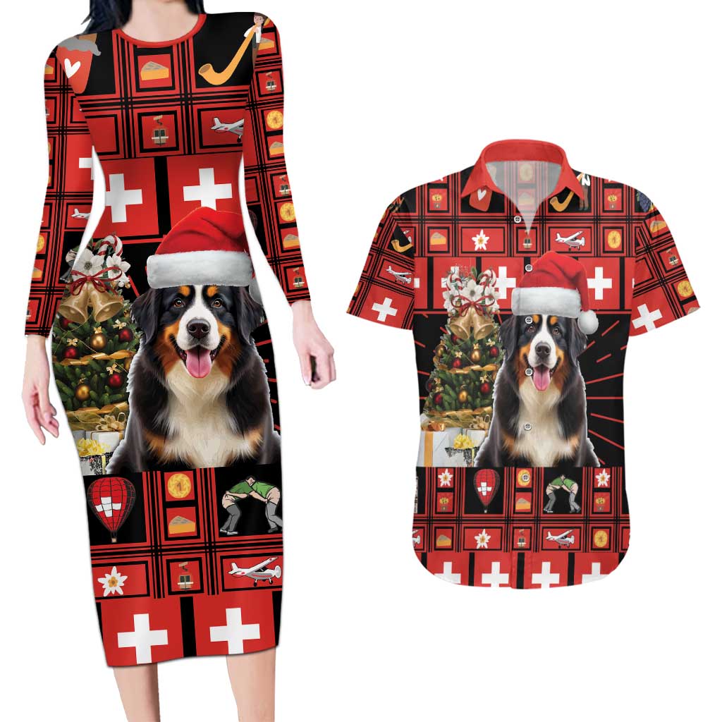 Merry Christmas Bernese Mountain Dog Couples Matching Long Sleeve Bodycon Dress and Hawaiian Shirt Switzerland Symbols - Lightning Art - Wonder Print Shop