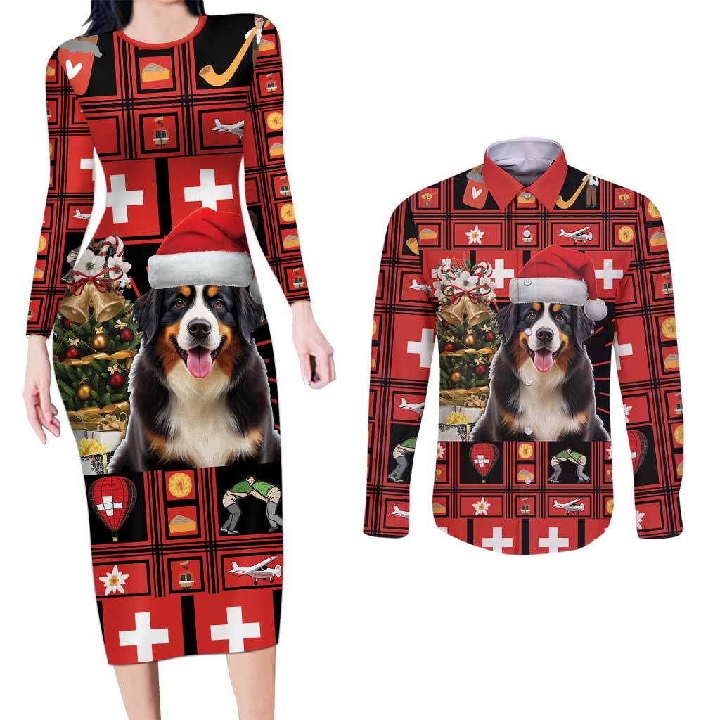 Merry Christmas Bernese Mountain Dog Couples Matching Long Sleeve Bodycon Dress and Long Sleeve Button Shirt Switzerland Symbols - Lightning Art - Wonder Print Shop